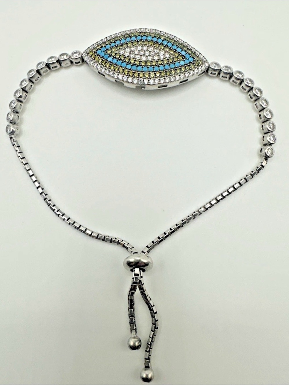 925 Sterling Silver Nano Turquoise Gold White CZ Evil Eye Bracelet Adjustable